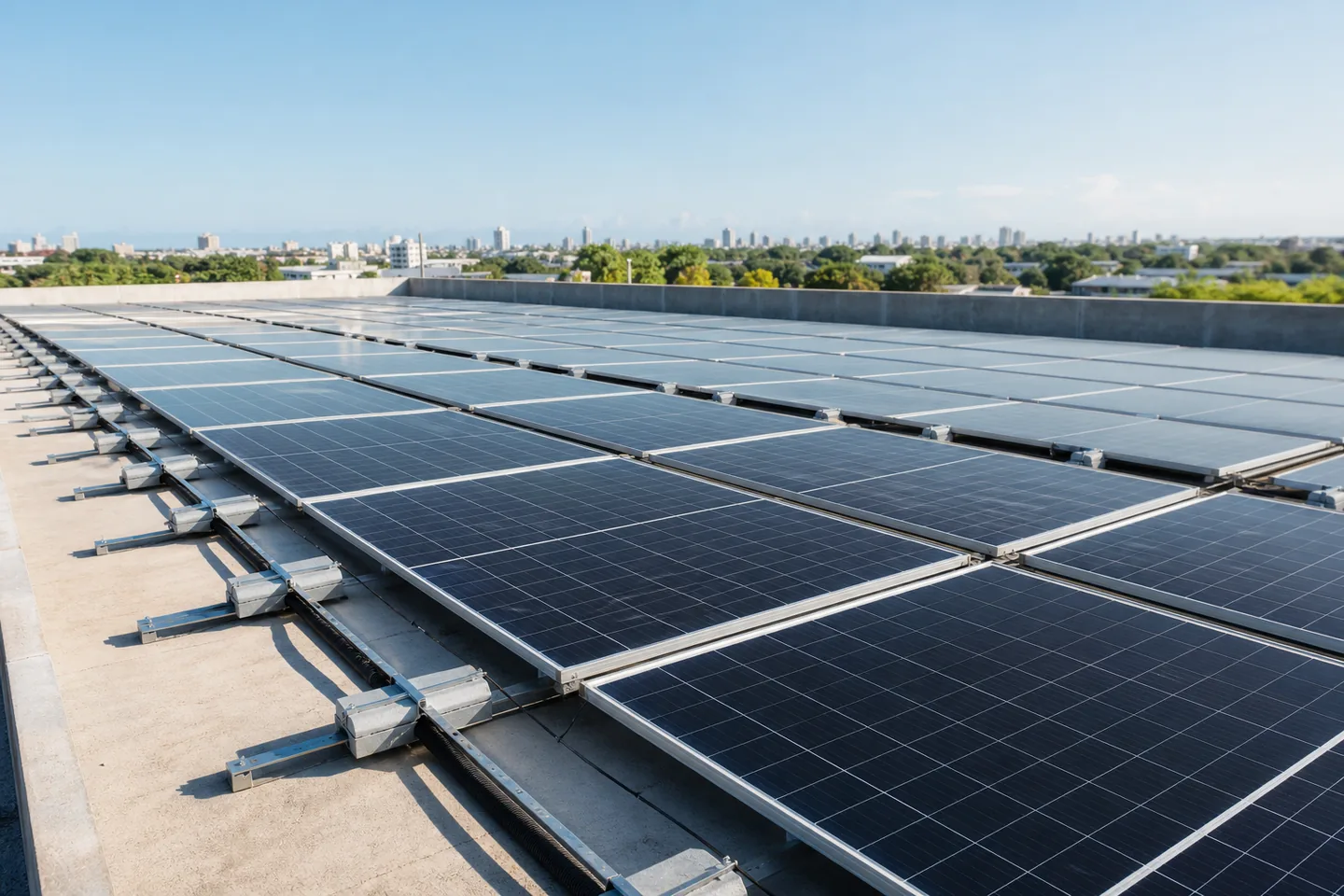 Painéis solares instalados em empreendimento comercial