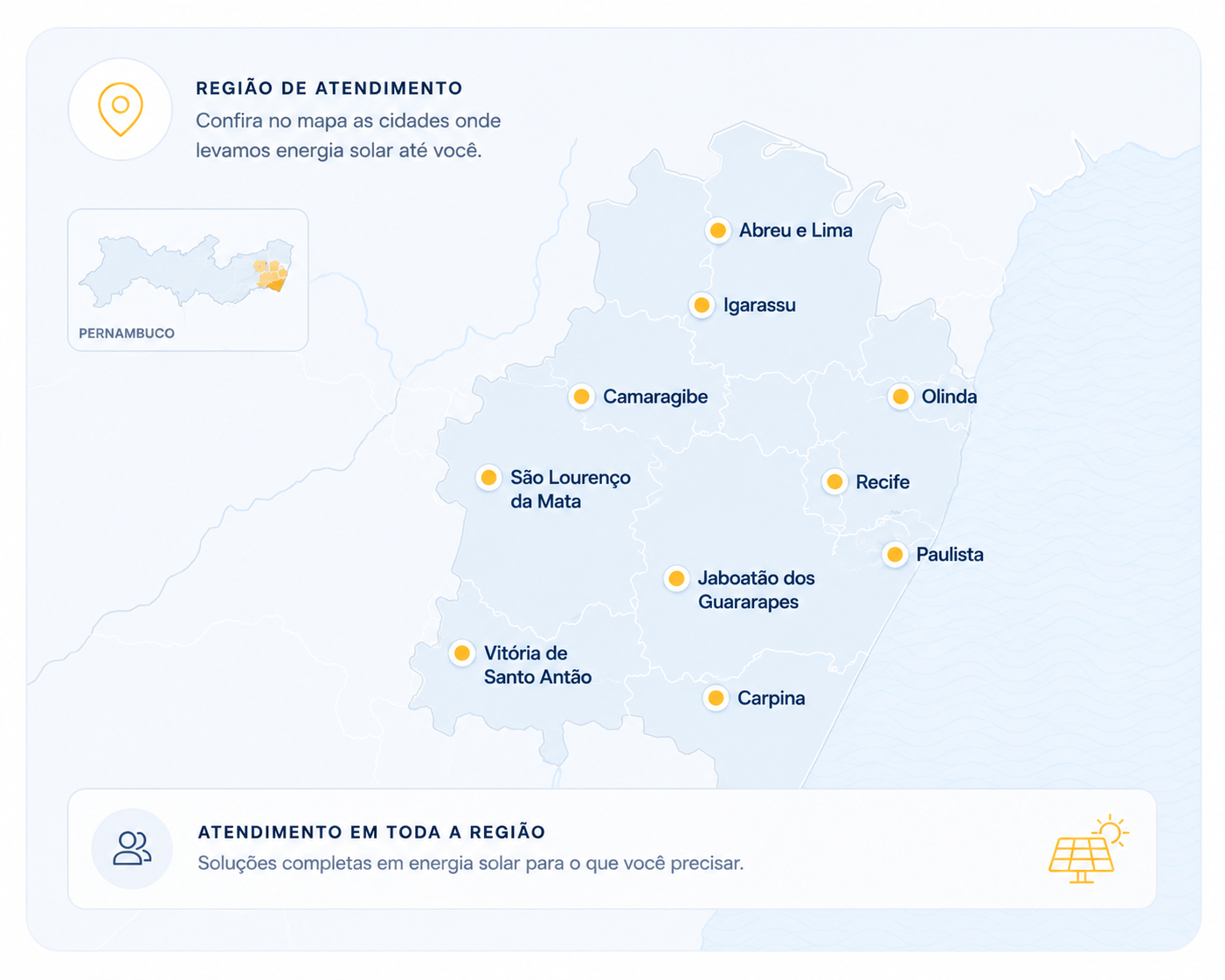 Mapa da região de atendimento da TechnoSolar, com cidades da Região Metropolitana do Recife, Carpina e Vitória de Santo Antão